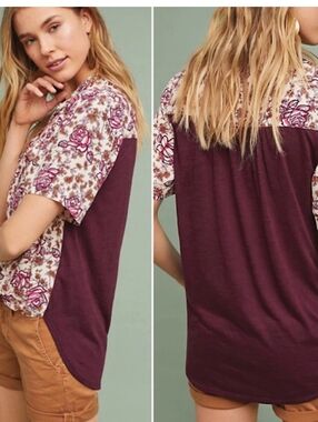 Anthropologie Porridge Wine Color Floral Hi-lo Short Sleeve Collared Sz S